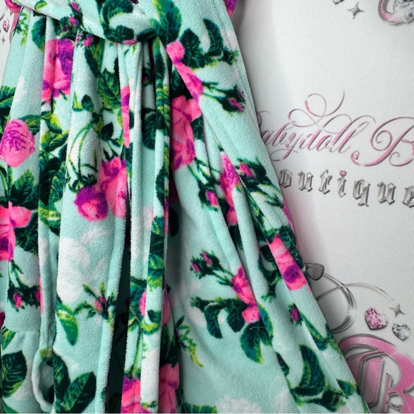 Betsy Johnson robe ruffle frilly trim floral neon blue green purple pink tie up - Picture 6 of 10